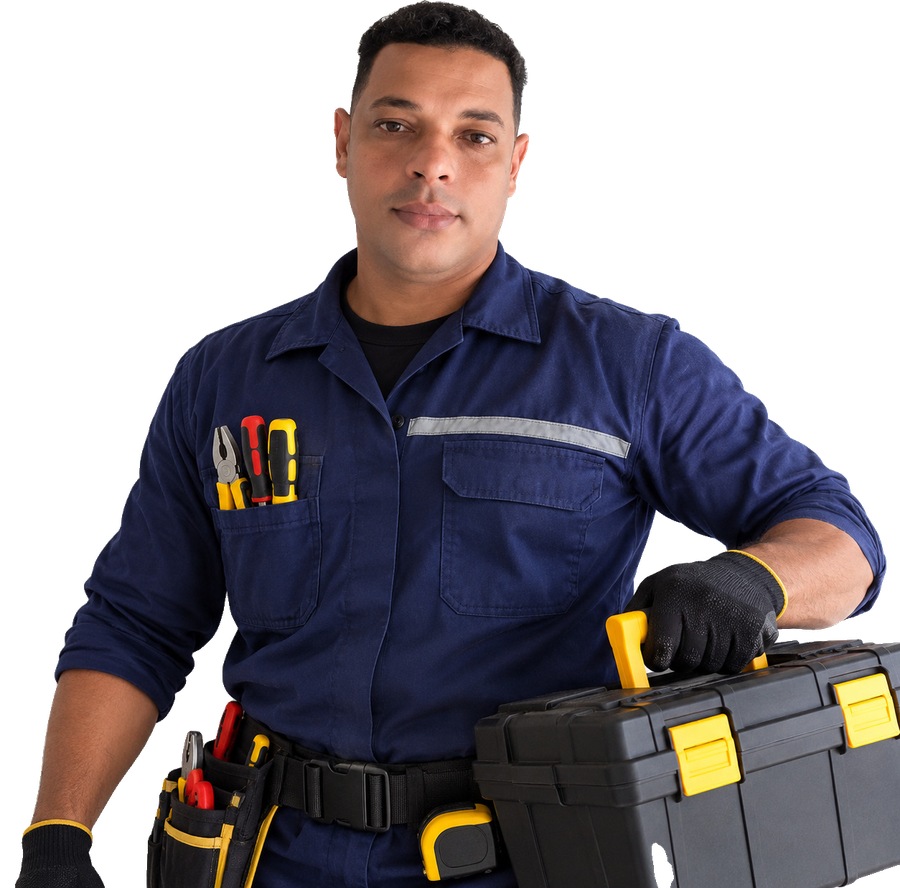 Fábio Junior Silva de uniforme, segurando a caixa de ferramentas